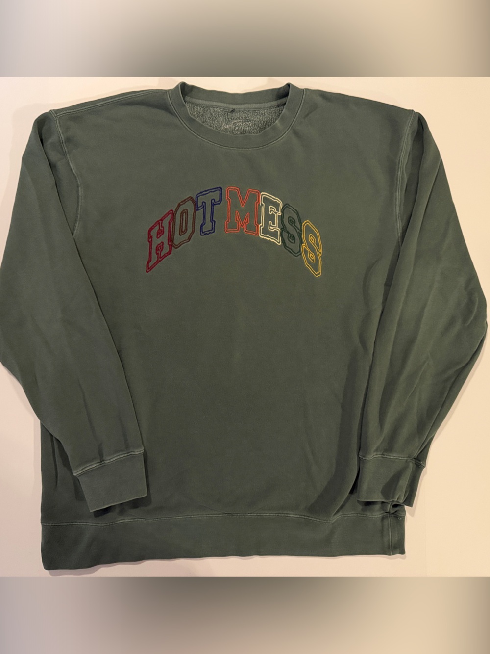Alix Earle (HOTMESS) Olive Green Crewneck with Multicolor 'HOT MESS' Embroidery